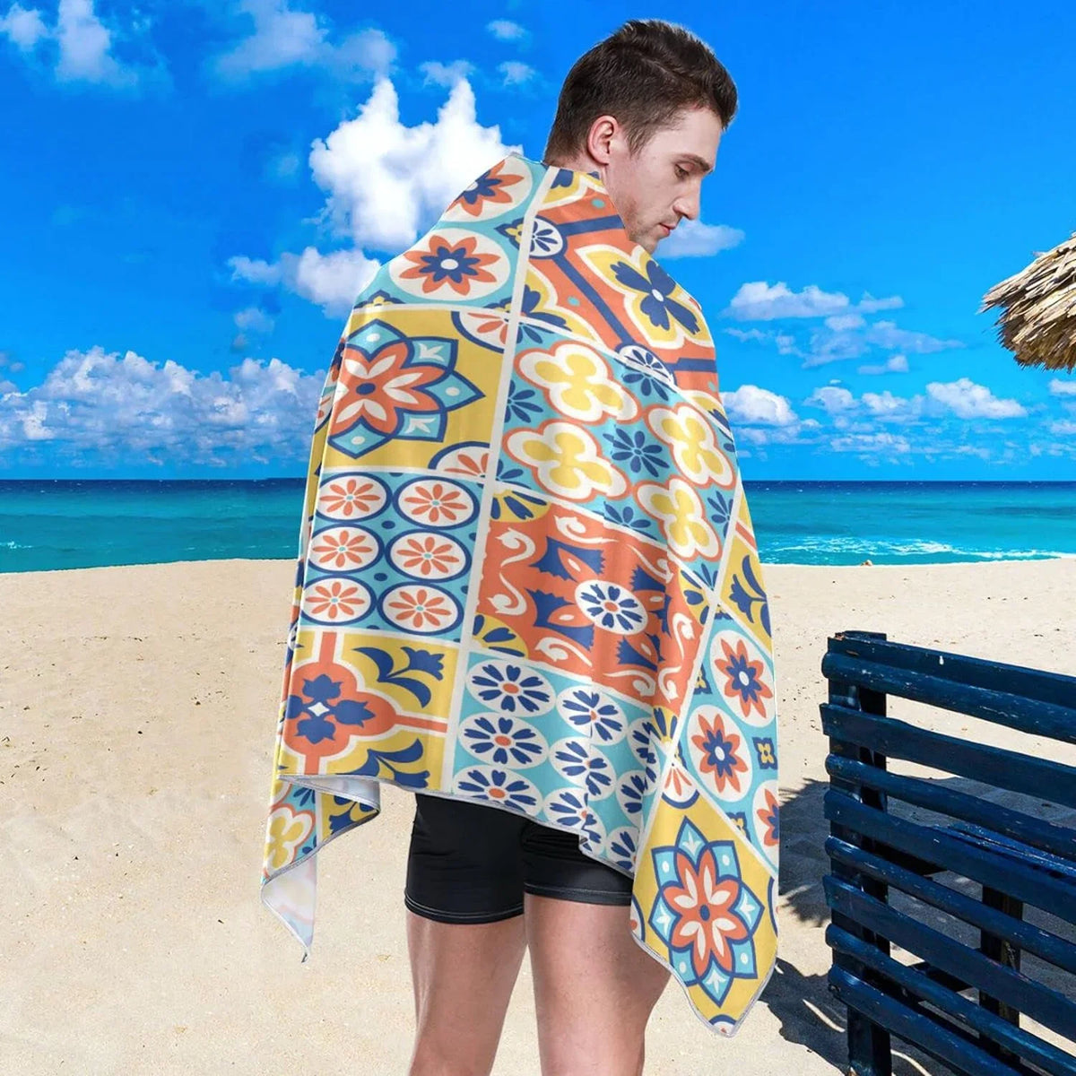 Bestwell Mexican Talavera Tiles Style Beach Towel Oversized Towel Blanket, Thin Lightweight Microfiber Sand Free Quick Dry Towel, 31”X71” Multipurpose Pool Bath Yoga Swim Shower Towel