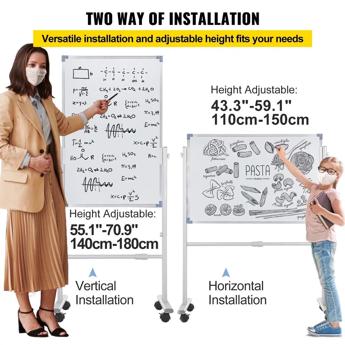 BENTISM Mobile Magnetic Whiteboard Dry Erase Board  w/ Stand 36" x 24" Double Sided with Height Adjustable Aluminum Frame and 360 Reversible Rolling Lockable Swivel Wheels for Office School Home