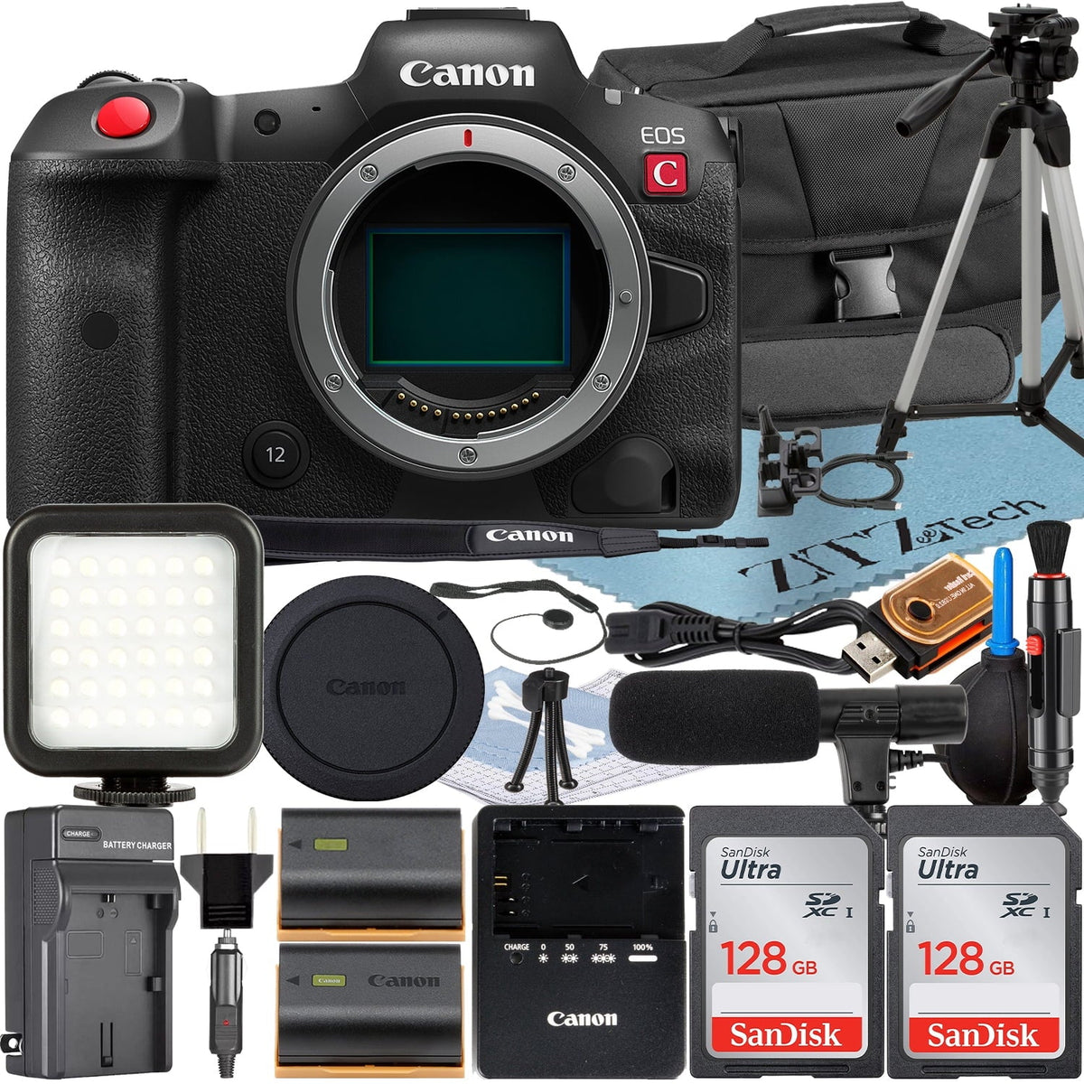 EOS R5 C Mirrorless Cinema Camera (Body) with 2 Pack SanDisk 128GB Memory Card + Case + ZeeTech Accessory Bundle