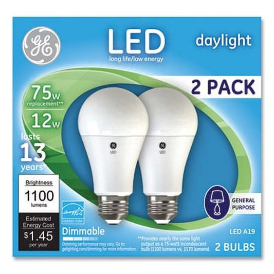 1Pc GE 75W LED Bulbs, 12 W, A19 Bulb, Daylight, 2/Pack (93127670)G7