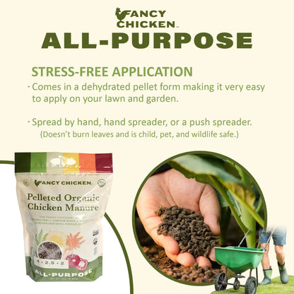 Fancy Chicken 4-2.5-2 All-Purpose Pelleted Organic Chicken Manure Plant Food for Lawn and Garden, USDA Organic, 15 LB