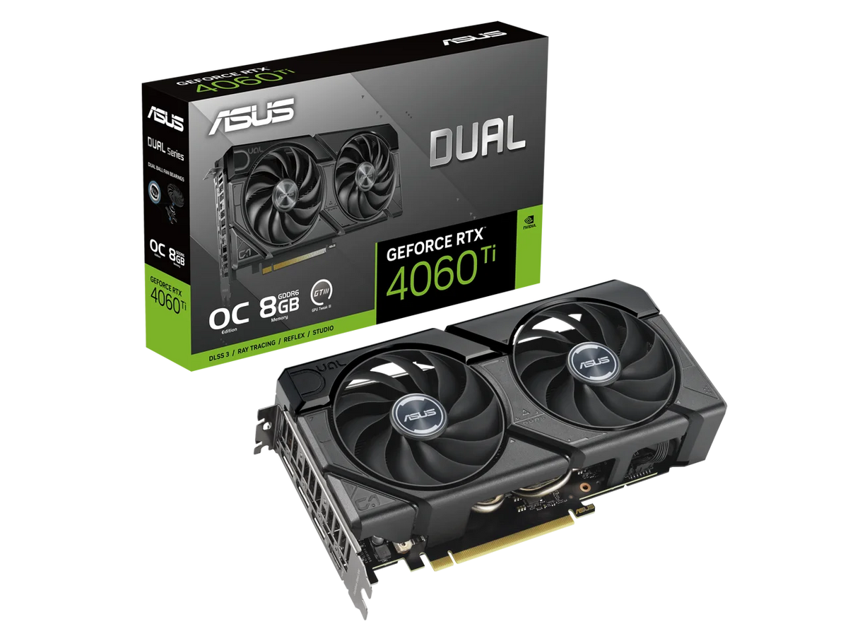 Dual GeForce RTX? 4060 Ti EVO OC Edition 8GB GDDR6 (PCIe 4.0, 8GB GDDR6, DLSS 3, HDMI 2.1a, DisplayPort 1.4a, Axial-tech fan design, 0dB technology, Protective Backplate, Auto-Extreme Technology)