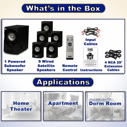 Acoustic Audio AA5171 Home Theater 5.1 Bluetooth Speaker System with FM and 4 Extension Cables