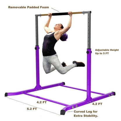 Gymnastics Kip Bar for Junior Training | Adjustable Height 3-5 FT | Cushioned Bar & Curved Legs | Pro-Gymnastics Horizontal Bar - Purple