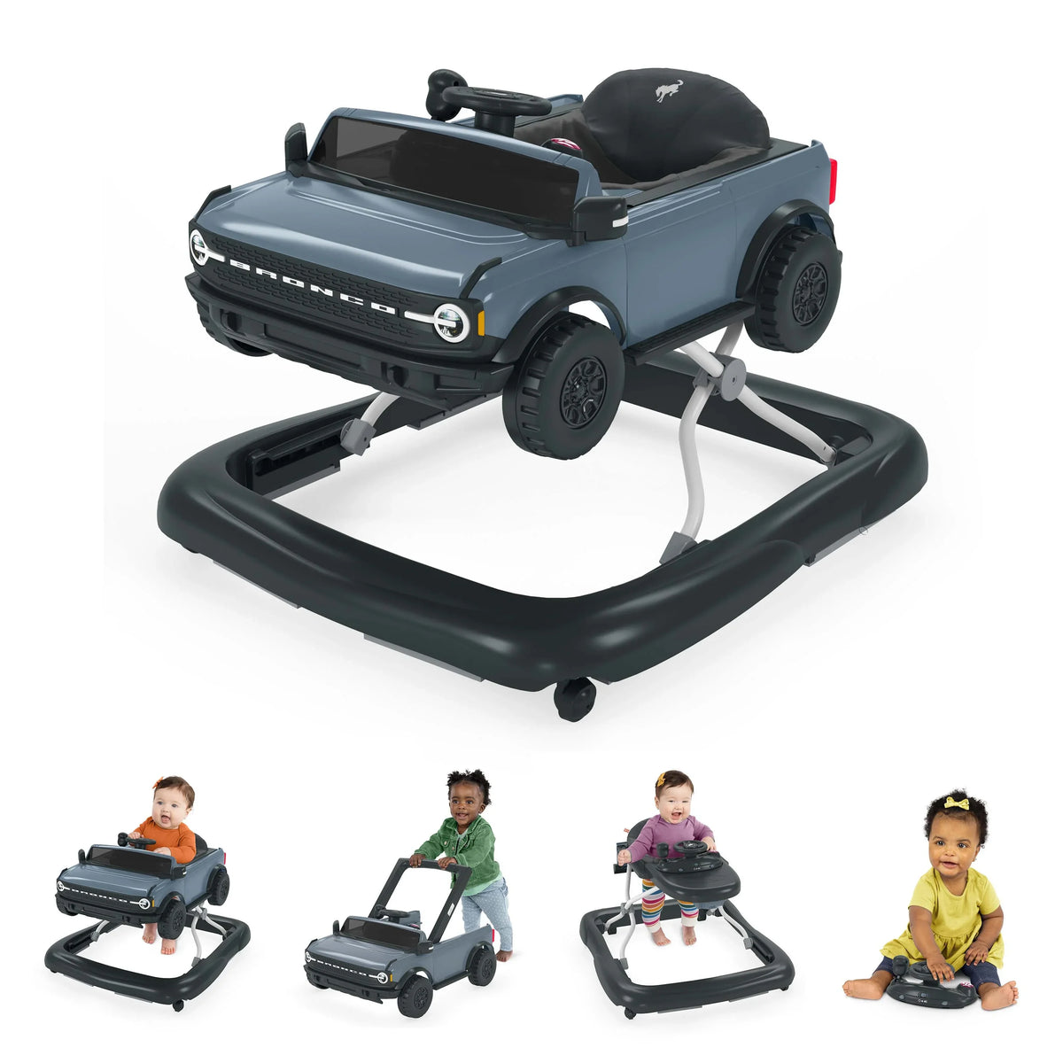 Bronco 4-in-1 Blue Grey Baby Activity Walker with 4 Ways to Play by Bright Starts, Unisex, Newborn +