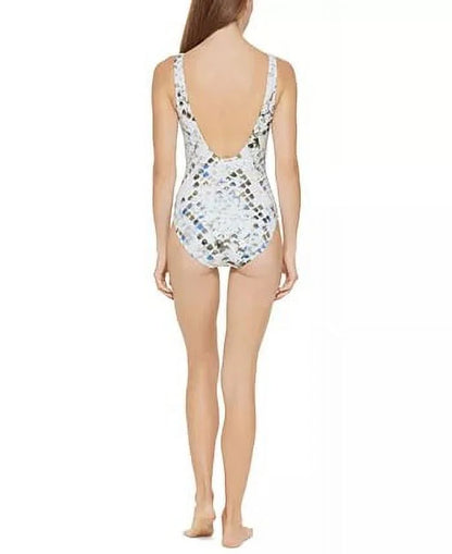 DKNY SPLASH MULTI Twist-Front Cutout One-Piece Swimsuit , US 8