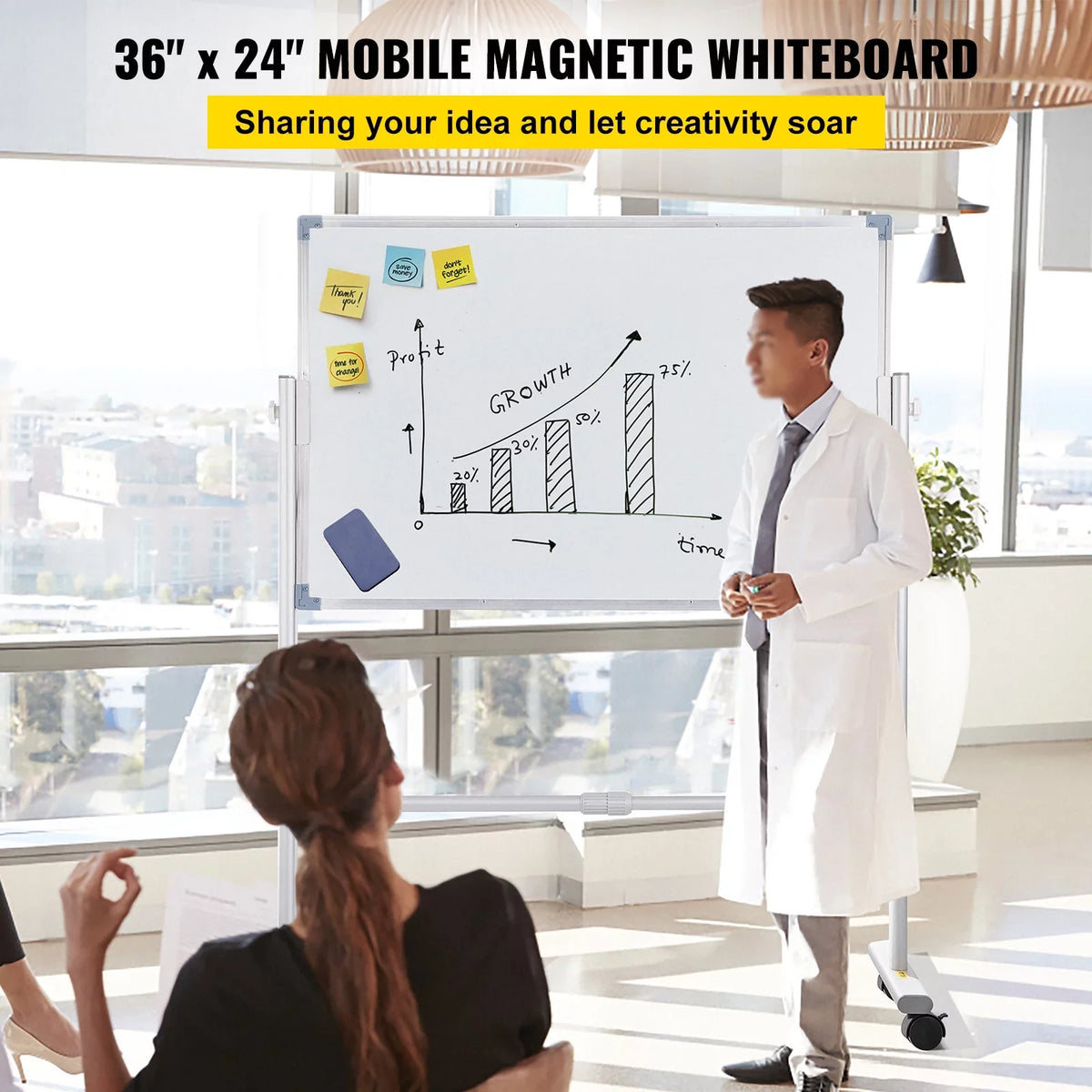 BENTISM Mobile Magnetic Whiteboard Dry Erase Board  w/ Stand 36" x 24" Double Sided with Height Adjustable Aluminum Frame and 360 Reversible Rolling Lockable Swivel Wheels for Office School Home