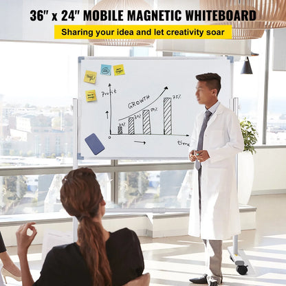 BENTISM Mobile Magnetic Whiteboard Dry Erase Board  w/ Stand 36" x 24" Double Sided with Height Adjustable Aluminum Frame and 360 Reversible Rolling Lockable Swivel Wheels for Office School Home
