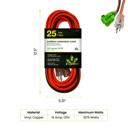 GoGreen Power (GG-14025) 12/3 25’ SJTW Outdoor Extension Cord, Lighted End, 25 Ft
