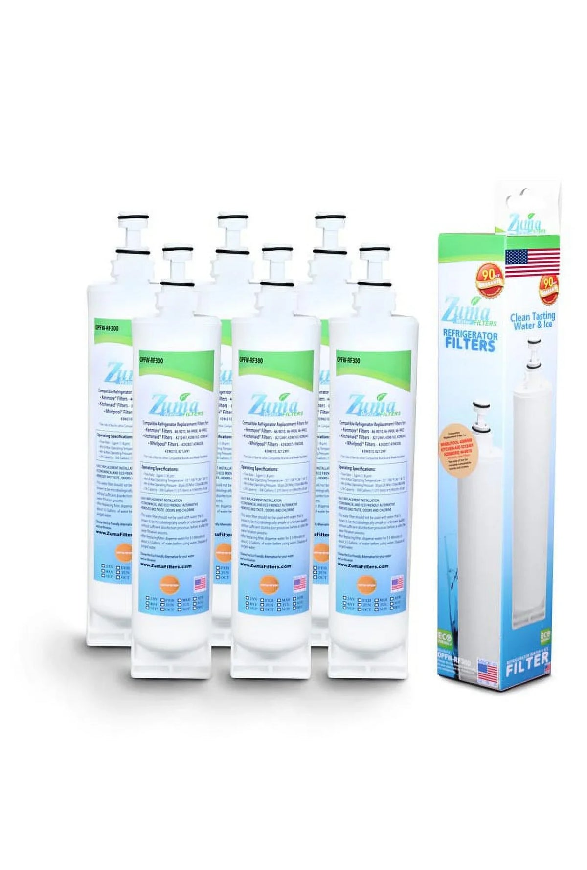 ZUMA Brand , aqua and Ice Filter , Model # OPFW-RF300 , matching with Whirlpool® 4392857 - 6 Pack - Made in U.S.A.
