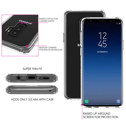 DistinctInk Clear Shockproof Hybrid Case for  Galaxy S9+ PLUS (6.2" Screen) - TPU Bumper, Acrylic Back, Tempered Glass Screen Protector - Luke 1:37 - Faith Does Not Make Easy Makes Possible