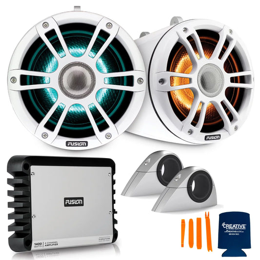 Fusion SG-FLT772SPW 7.7'' Sports White Tower Speaker with Fixed Clamps and SG-DA41400 4-Channel Amplifier