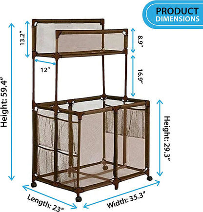 Essentially Yours Pool Storage Equipment Organizer Holder - Noodles, Toys, Balls and Floats Mesh Rolling Double Decker Bin, Large with Noodle Rack, (23" L x 35.3" W x 59.4" H), Brown
