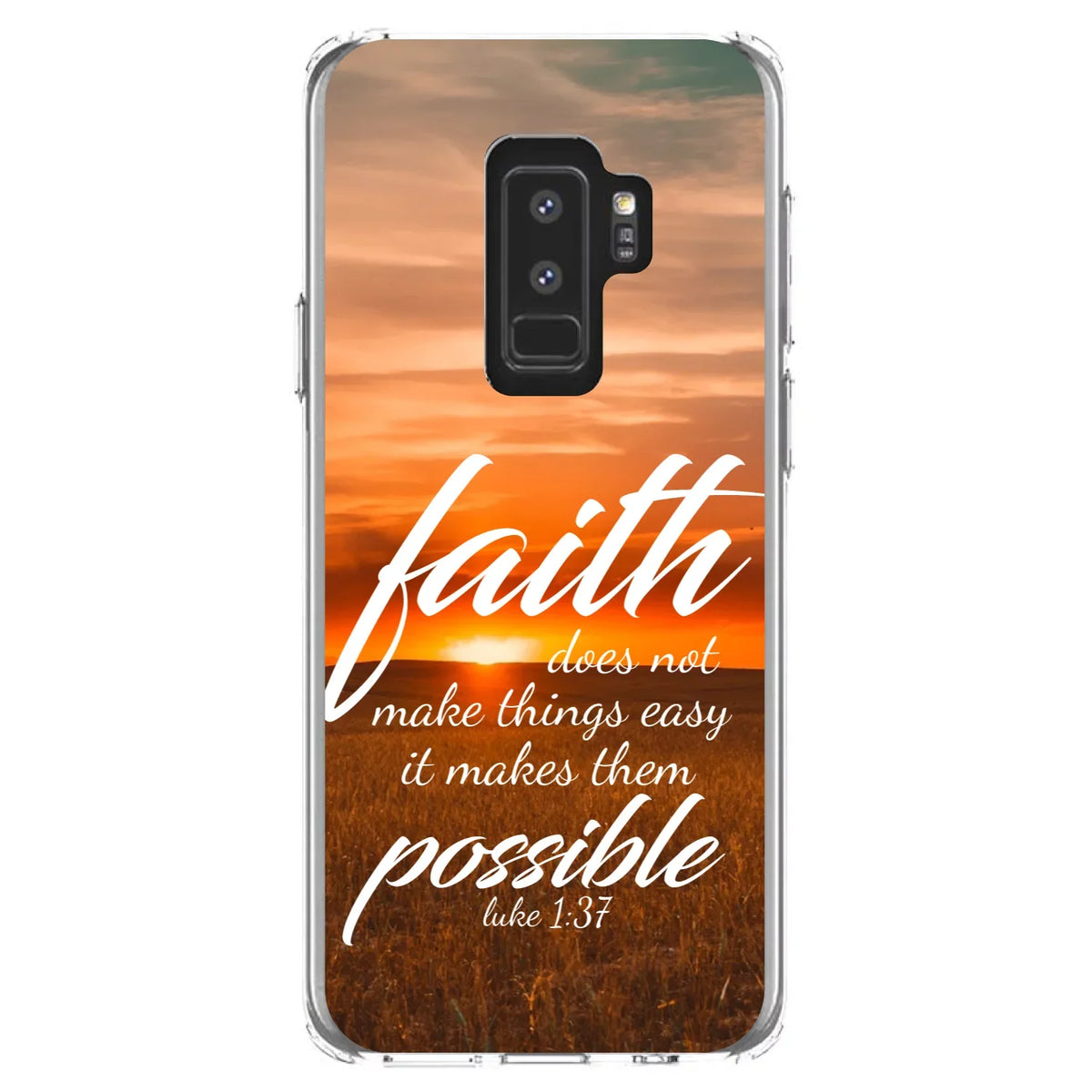 DistinctInk Clear Shockproof Hybrid Case for  Galaxy S9+ PLUS (6.2" Screen) - TPU Bumper, Acrylic Back, Tempered Glass Screen Protector - Luke 1:37 - Faith Does Not Make Easy Makes Possible