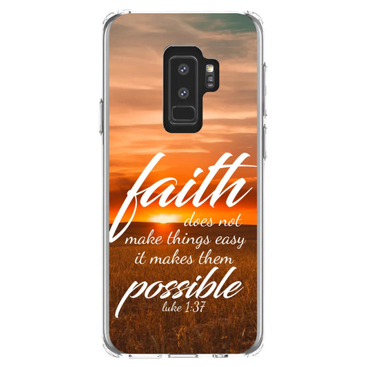 DistinctInk Clear Shockproof Hybrid Case for  Galaxy S9+ PLUS (6.2" Screen) - TPU Bumper, Acrylic Back, Tempered Glass Screen Protector - Luke 1:37 - Faith Does Not Make Easy Makes Possible