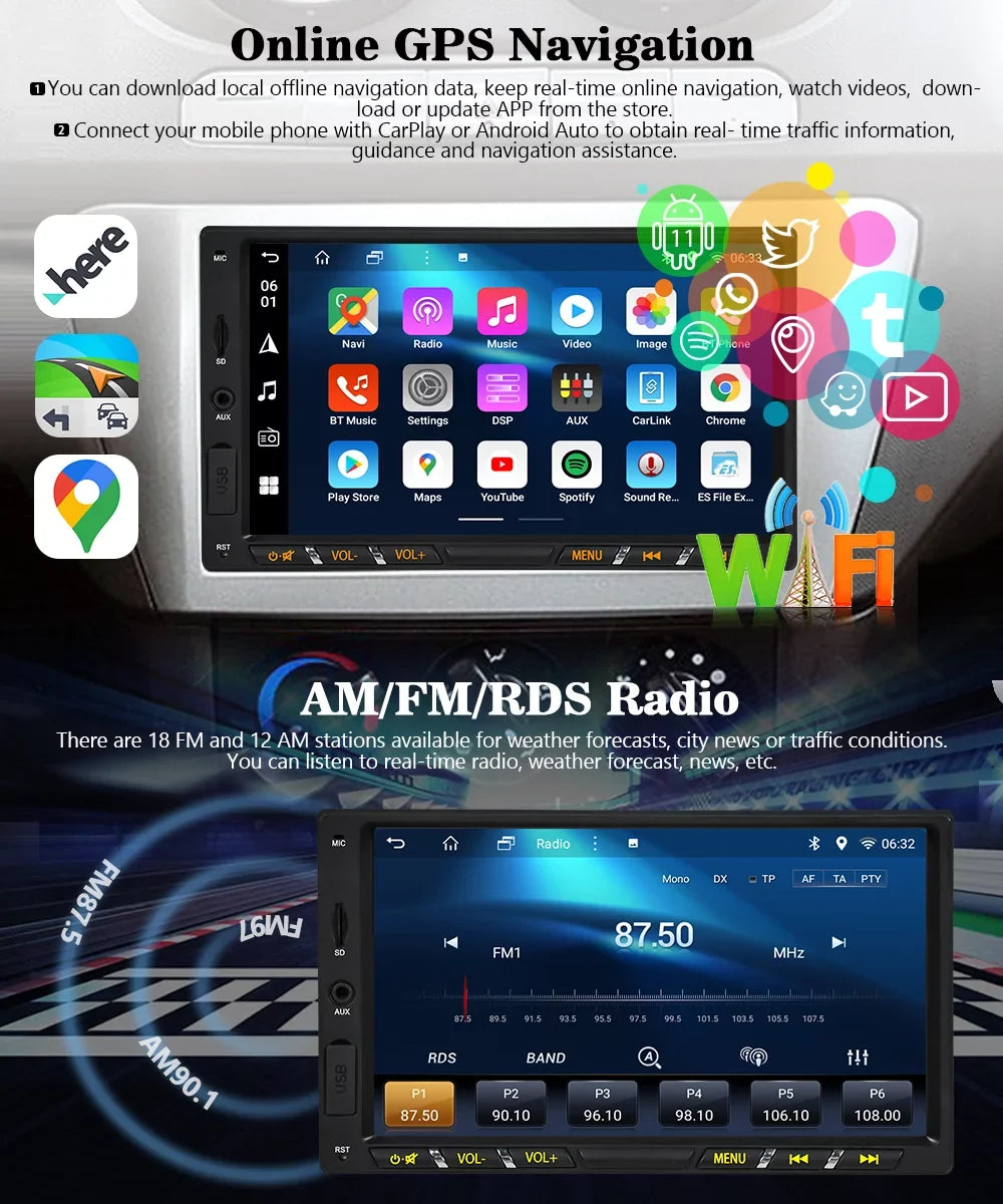 Android 11 Car Stereo with Wireless  Carplay Double Din Android Auto Car Radio 7 Inch IPS G+G Touch Screen Bluetooth WiFi GPS Navigation Mirrorlink DSP Octa Core Backup Camera