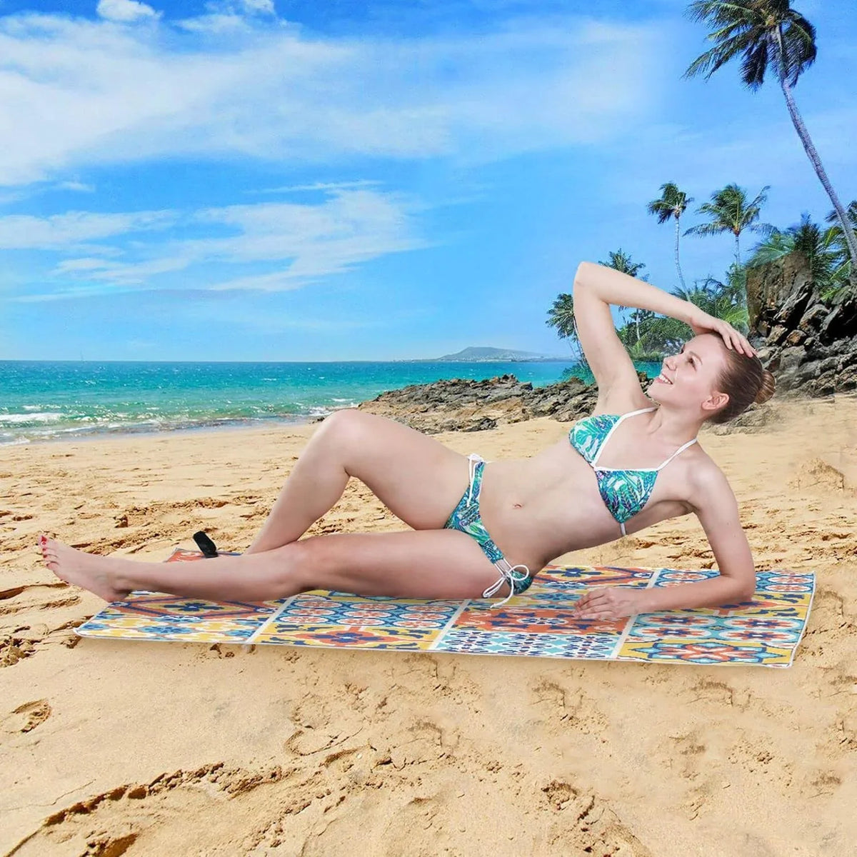 Bestwell Mexican Talavera Tiles Style Beach Towel Oversized Towel Blanket, Thin Lightweight Microfiber Sand Free Quick Dry Towel, 31”X71” Multipurpose Pool Bath Yoga Swim Shower Towel