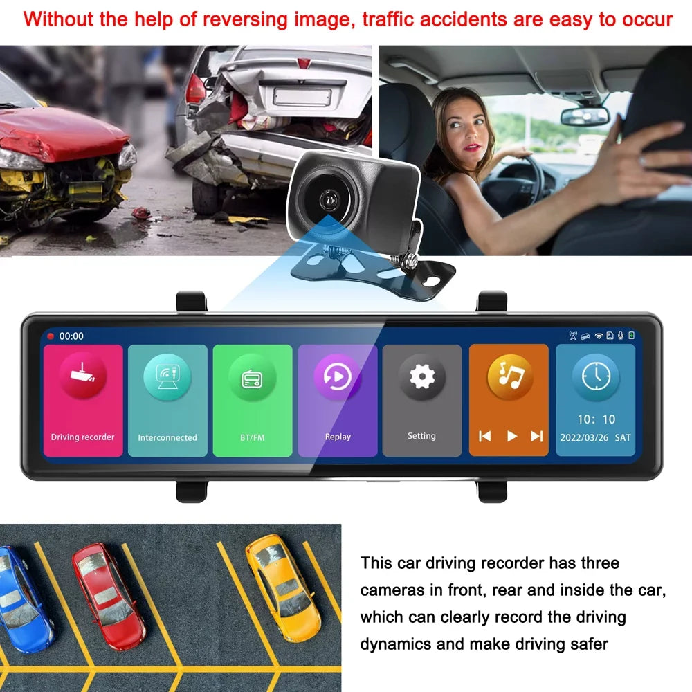 Andoer 3 Cameras Dash Cam 12in 2.5K Clear Car Rearview Mirror Car Video Recording Touched Screen Car Recorder Carplay Auto Driving Recorder
