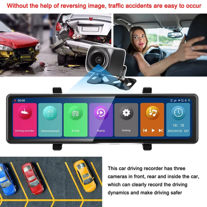 Andoer 3 Cameras Dash Cam 12in 2.5K Clear Car Rearview Mirror Car Video Recording Touched Screen Car Recorder Carplay Auto Driving Recorder