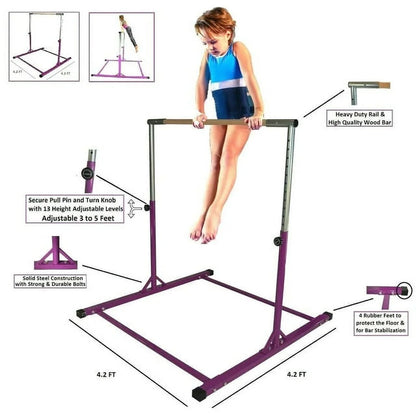 Gymnastics Kip Bar for Junior Training | Adjustable Height 3-5 FT | Cushioned Bar & Curved Legs | Pro-Gymnastics Horizontal Bar - Purple