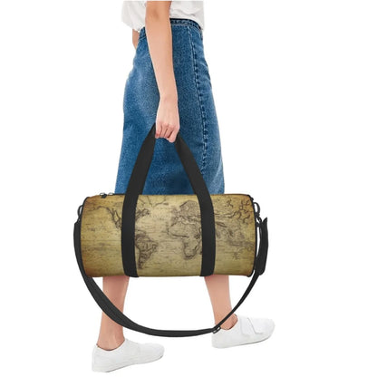 Coaee Vintage World Map Large Capacity Travel Luggage Bag Cylinder Gym Bag Waterproof Sports Bag with Pocket and Compartment