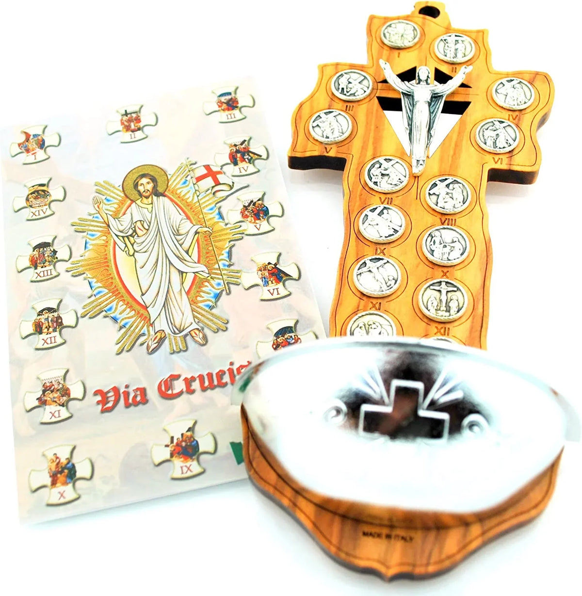 7" Olive Wood Crucifix Style Holy aqua Font