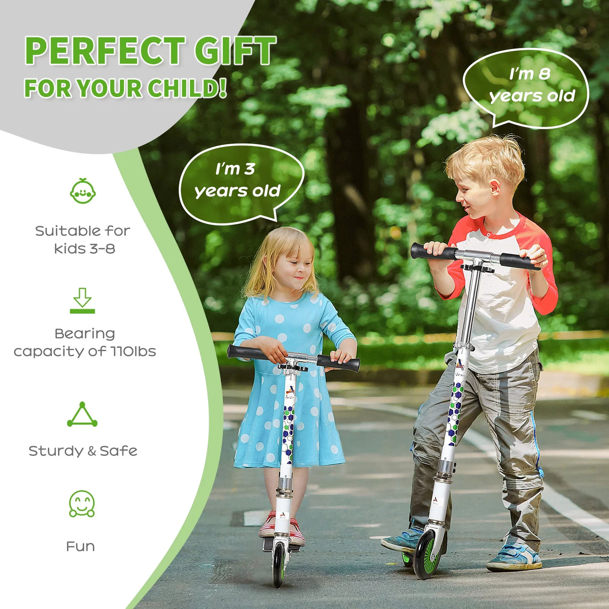 Aosom One-click Folding Kids Kick Scooter w/ Adjustable Handlebar, Push Rider with Kickstand, Dual Brake System, Durable Wheels & Sturdy Bearings, for Boys and Girls, White