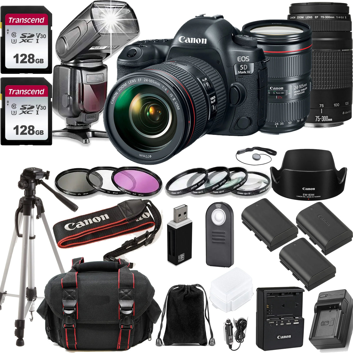 EOS 5D Mark IV DSLR Camera w/EF 24-105MM F/4 L is II USM Zoom Lens  +  EF 75-300mm f/4-5.6 III Lens + 2pc Transcend 128GB Memory Cards + Professional  Kit