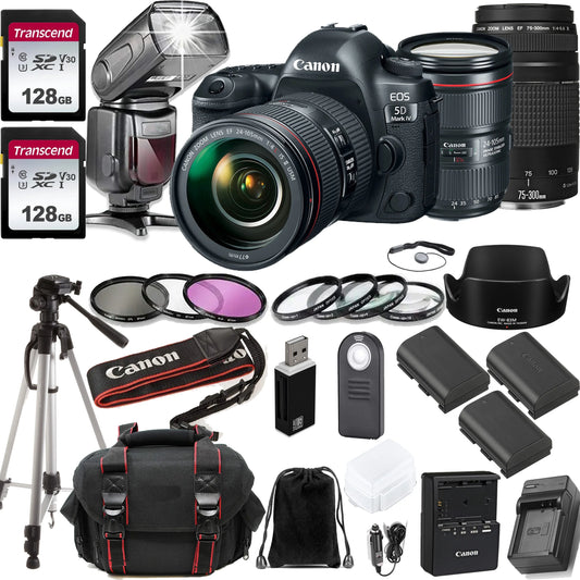 EOS 5D Mark IV DSLR Camera w/EF 24-105MM F/4 L is II USM Zoom Lens  +  EF 75-300mm f/4-5.6 III Lens + 2pc Transcend 128GB Memory Cards + Professional  Kit