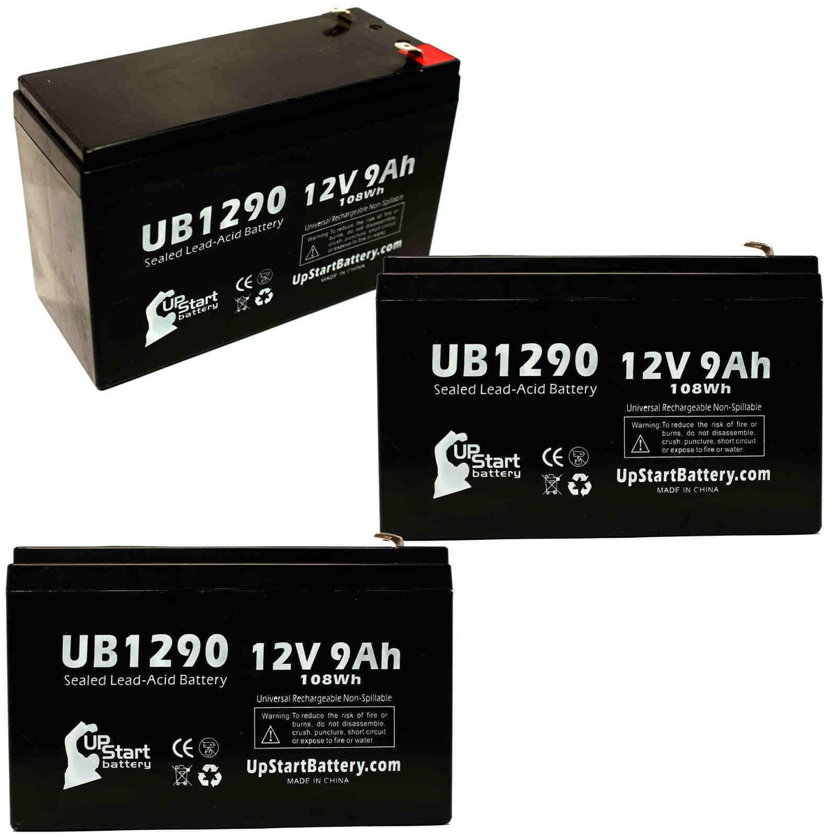 3x Pack - suitable Amigo Mobility TravelMate Battery - Replacement UB1290 Universal Sealed Lead Acid Battery (12V, 9Ah, 9000mAh, F1 Terminal, AGM, SLA) - Includes 6 F1 to F2 Terminal Adapters