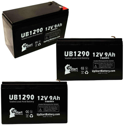 3x Pack - suitable Amigo Mobility TravelMate Battery - Replacement UB1290 Universal Sealed Lead Acid Battery (12V, 9Ah, 9000mAh, F1 Terminal, AGM, SLA) - Includes 6 F1 to F2 Terminal Adapters