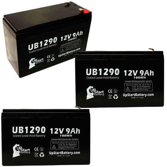 3x Pack - suitable Amigo Mobility TravelMate Battery - Replacement UB1290 Universal Sealed Lead Acid Battery (12V, 9Ah, 9000mAh, F1 Terminal, AGM, SLA) - Includes 6 F1 to F2 Terminal Adapters