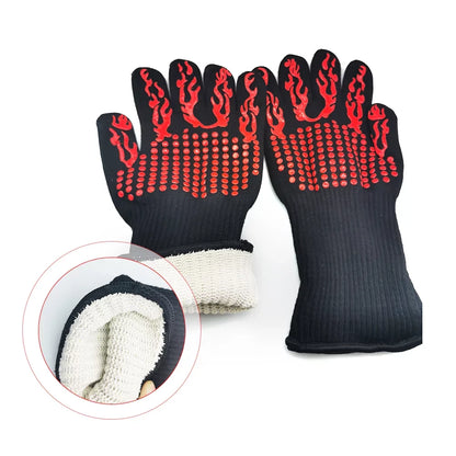CACAGOO Barbecue Gloves with Silicone -slip Stripe Heat Proof Oven Gloves 500~800℃ Heat protected Grill Gloves for Outdoor Barbecue Garden Grilling Kitchen Cooking Welding