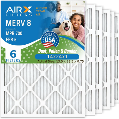 14x24x1 Air Filter MERV 8 Comparable to MPR 700 & FPR 5 Electrostatic Pleated Air Conditioner Filter 6 Pack HVAC AC Premium USA Made 14x24x1 Furnace Filters by AIRX FILTERS WICKED CLEAN AIR.
