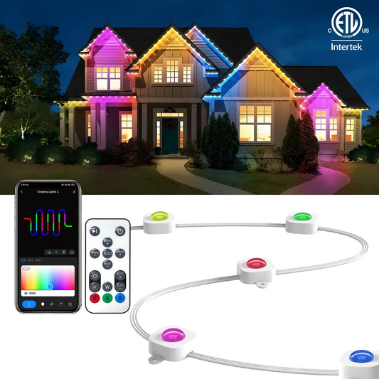 deerdance Permanent Outdoor Lights,100ft Smart RGB+IC Color Outdoor Lights,IP65 Waterproof 72 LED Eaves Lights for Alexa, Google Assistant Voice Control,Rainbow House Lights for Party Holiday Christma