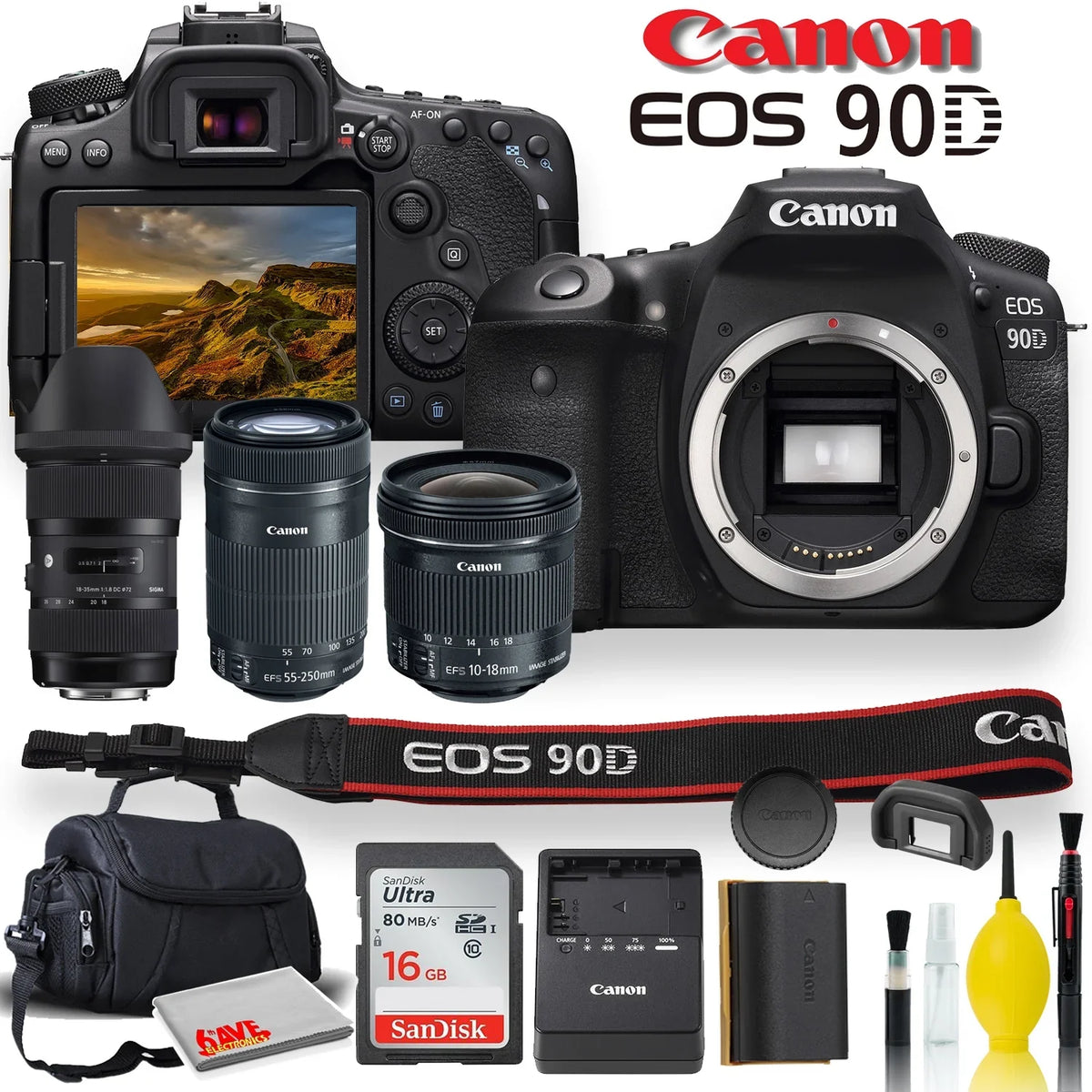 EOS 90D DSLR Camera With Sigma 18-35mm,  EF-S 55-250mm,  EF-S 10-18mm, Soft Padded Case, Memory Card, and More - Triple Lens Set