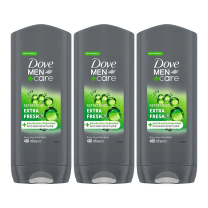 Dove Men + Care Refreshing Extra Fresh 3-In-1 Hair, Body And Face Wash Pack Of 3 With 24-Hour Nourishing Micromoisture Technology Body Wash For Men 400 Ml