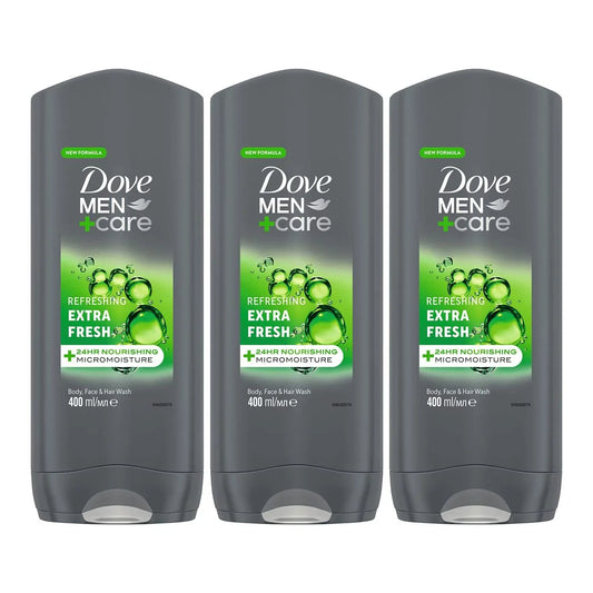 Dove Men + Care Refreshing Extra Fresh 3-In-1 Hair, Body And Face Wash Pack Of 3 With 24-Hour Nourishing Micromoisture Technology Body Wash For Men 400 Ml