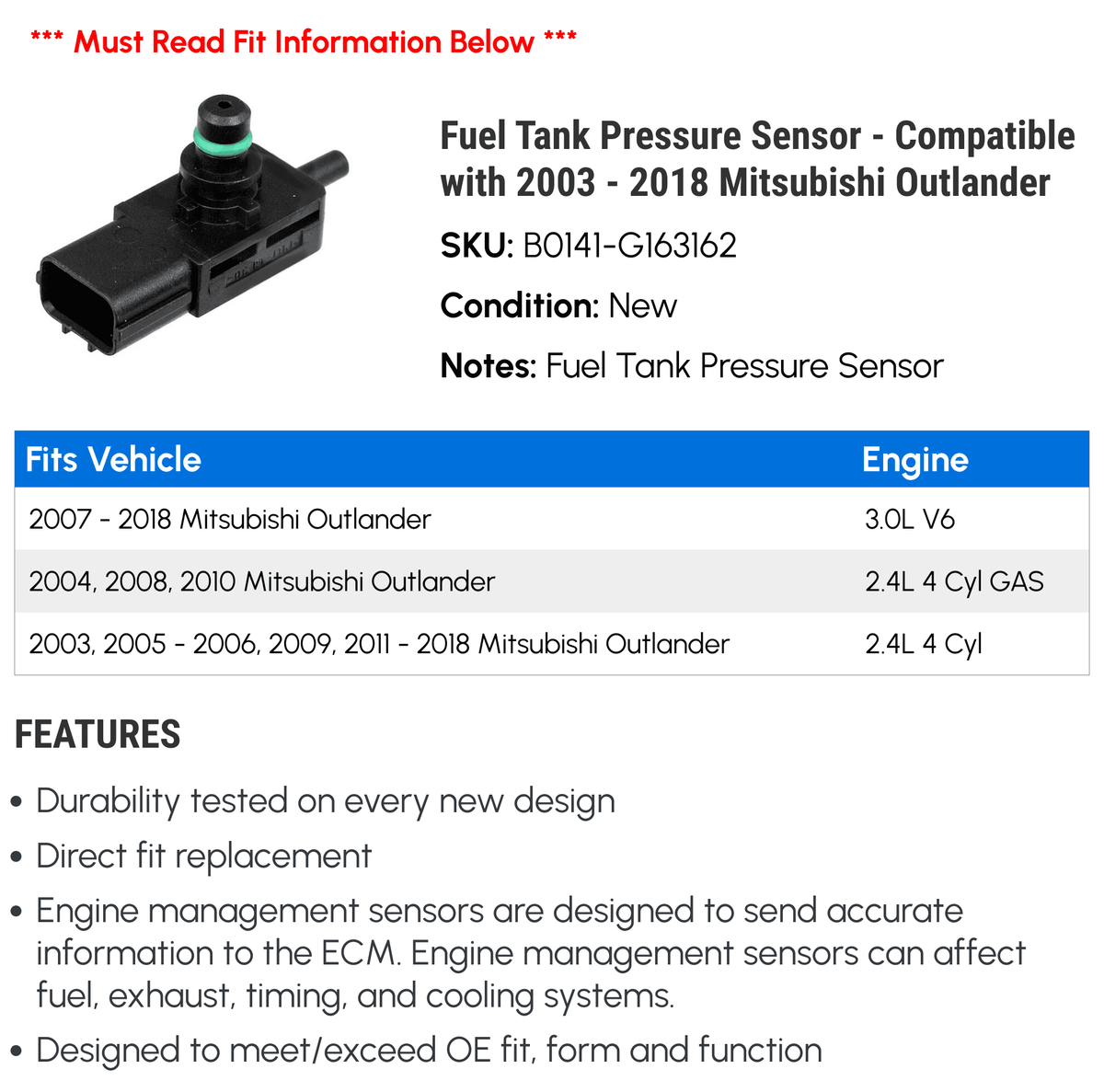 Fuel Tank Pressure Sensor - appropriate with 2003 - 2018 Mitsubishi Outlander 2004 2005 2006 2007 2008 2009 2010 2011 2012 2013 2014 2015 2016 2017