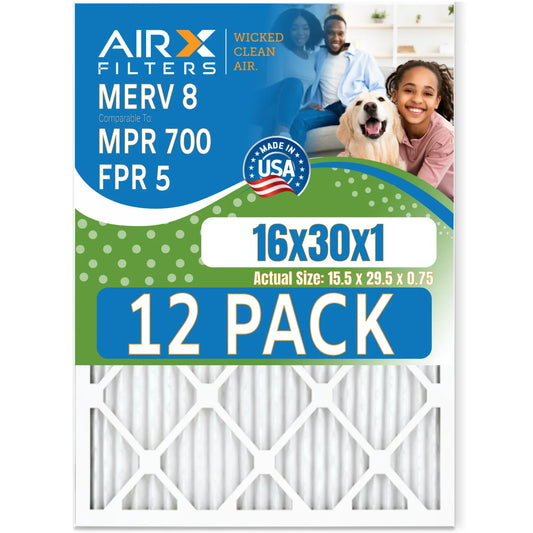 16x30x1 Air Filter MERV 8 Rating, 12 Pack of Furnace Filters Comparable to MPR 700 & FPR 5 - Made in USA by AIRX FILTERS WICKED CLEAN AIR.