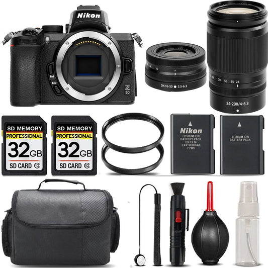 Z50 Mirrorless with 24-200mm f/4-6.3 VR Lens + 16-50mm Lens + 64GB Storage + UV Filter + Backup Battery + Case + Cleaning Kit - International Version