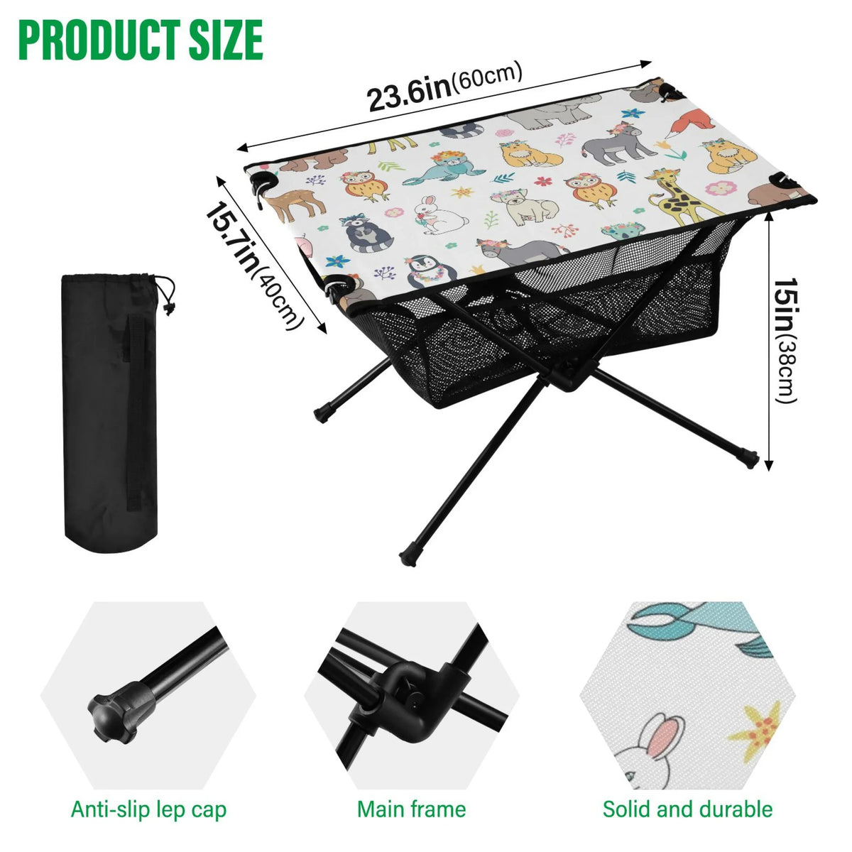 Cartoon Elephant Bear Giraffe Fox Camping Folding Table Portable Beach Table with Storage Bag Compact Picnic Table for Outdoor Travel Fishing BBQ