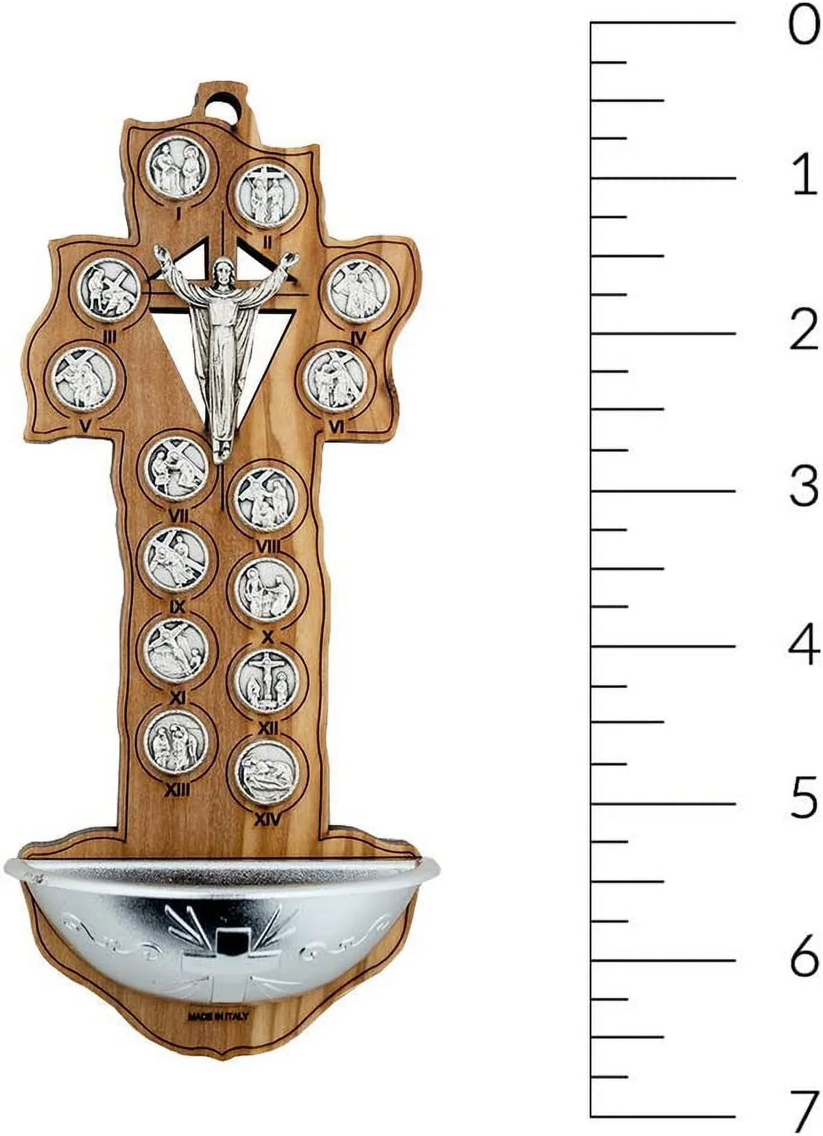 7" Olive Wood Crucifix Style Holy aqua Font