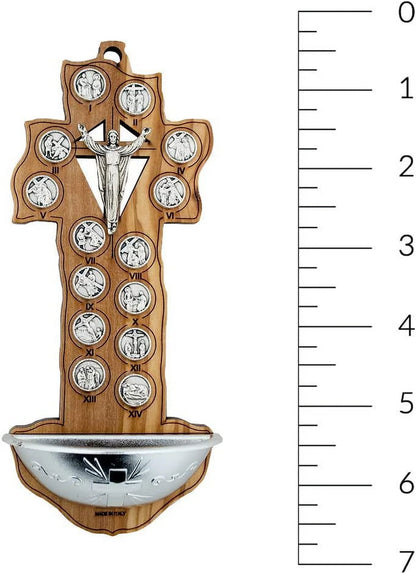 7" Olive Wood Crucifix Style Holy aqua Font