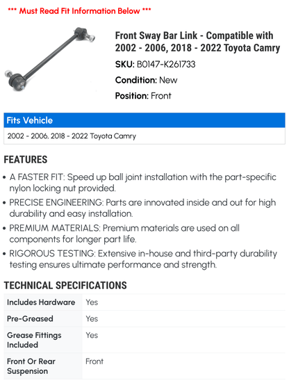 Front Sway Bar Link - matching with 2002 - 2006, 2018 - 2022  Camry 2003 2004 2005 2019 2020 2021