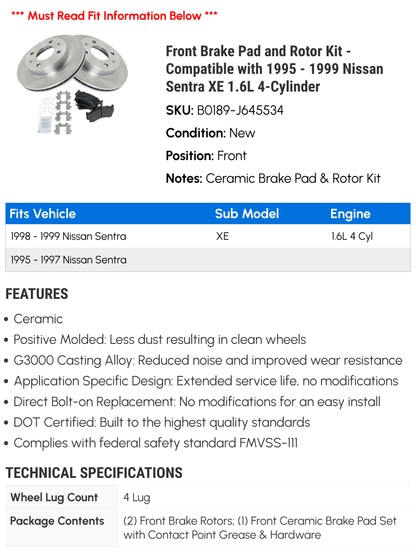 Front Brake Pad and Rotor Kit - matching with 1995 - 1999 Nissan Sentra XE 1.6L 4-Cylinder 1996 1997 1998