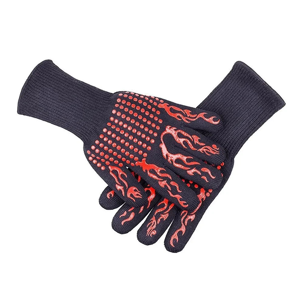 CACAGOO Barbecue Gloves with Silicone -slip Stripe Heat Proof Oven Gloves 500~800℃ Heat protected Grill Gloves for Outdoor Barbecue Garden Grilling Kitchen Cooking Welding