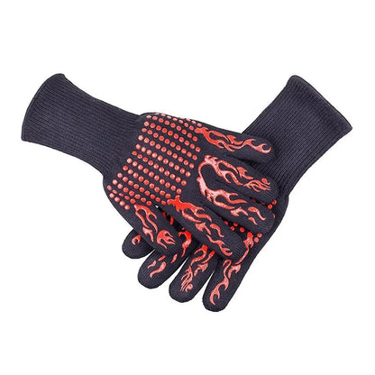 CACAGOO Barbecue Gloves with Silicone -slip Stripe Heat Proof Oven Gloves 500~800℃ Heat protected Grill Gloves for Outdoor Barbecue Garden Grilling Kitchen Cooking Welding