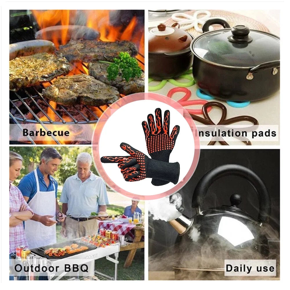 CACAGOO Barbecue Gloves with Silicone -slip Stripe Heat Proof Oven Gloves 500~800℃ Heat protected Grill Gloves for Outdoor Barbecue Garden Grilling Kitchen Cooking Welding