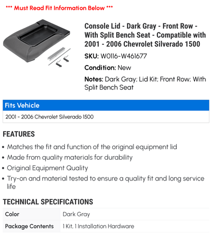 Console Lid - Dark Gray - Front Row - With Split Bench Seat - matching with 2001 - 2006 Chevy Silverado 1500 2002 2003 2004 2005